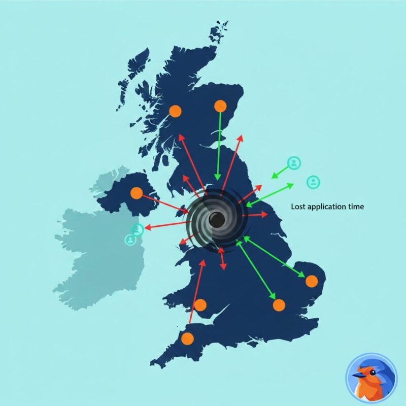 Flat design UK map showing efficient regional funding routes versus wasted generic grant applications
