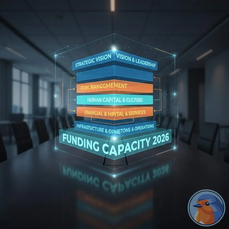 Funding Capacity 2026 text floating over a modern conference table with glowing data diagrams