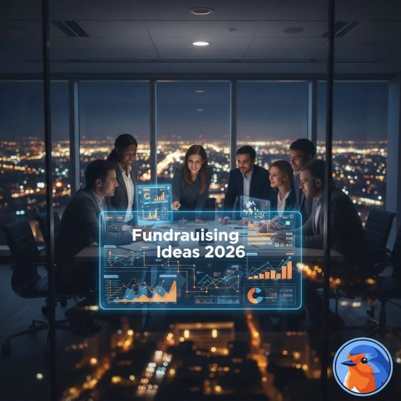 Fundraising Ideas 2026 displayed on a glowing holographic interface in a modern corporate boardroom
