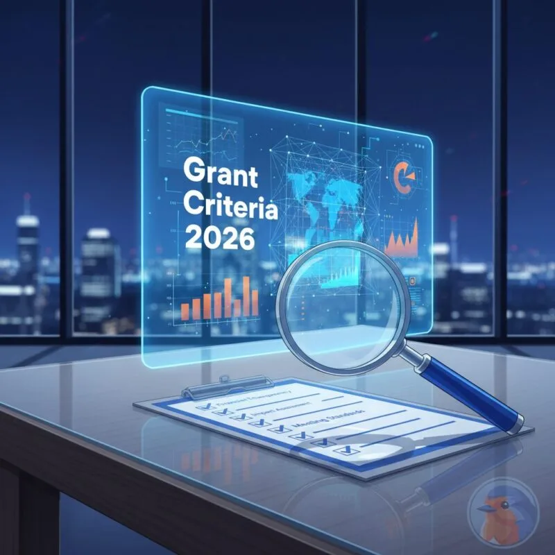Grant Criteria 2026 featured image with holographic financial charts in a modern boardroom