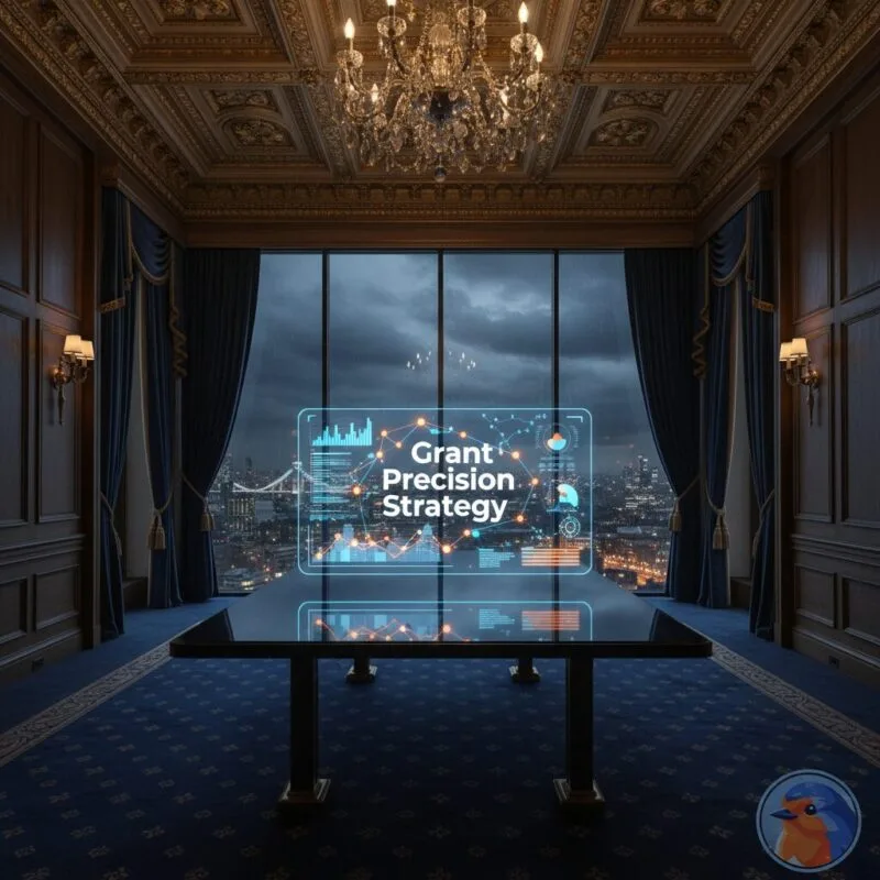 Grant Precision Strategy featured image with holographic data overlays and corporate aesthetic