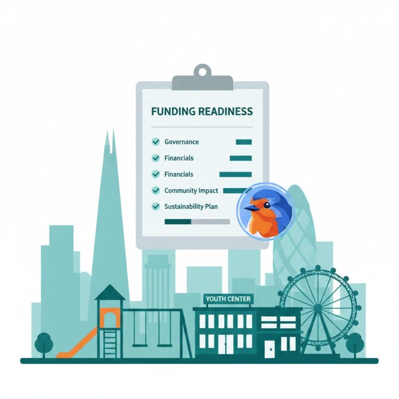 Grant readiness scorecard illustration hovering over a London community center