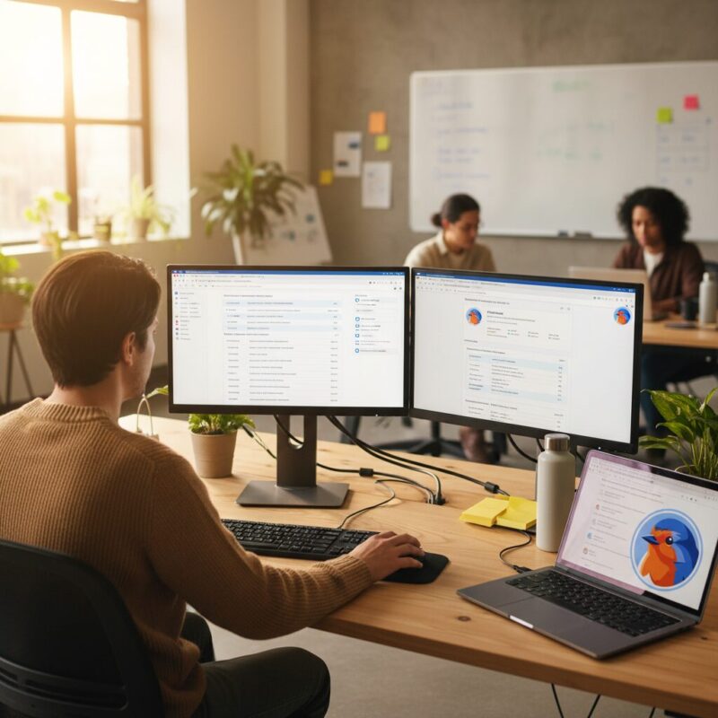 Grant writer filtering capacity-building foundations on a dual-monitor setup
