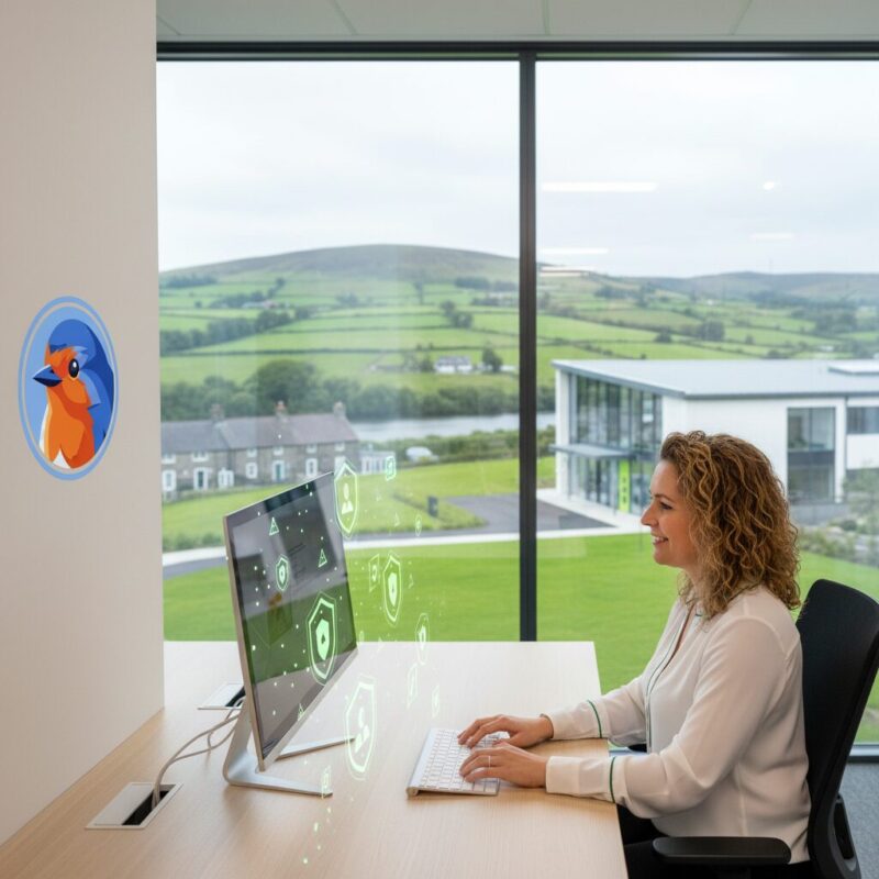 Grant writer working securely on a computer in a Welsh trust office