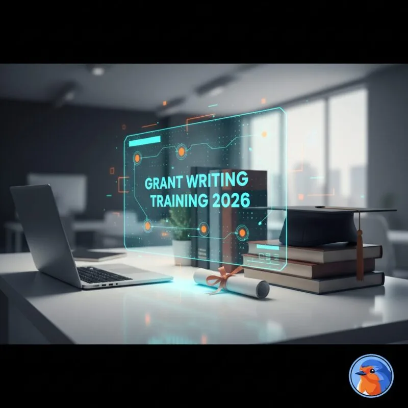 Grant Writing Training 2026 featured image with holographic data over a desk