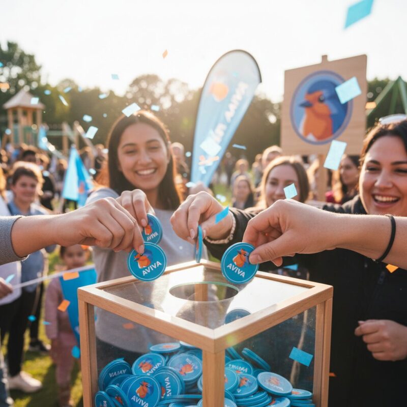 Hands dropping blue funding tokens into a community project collection box
