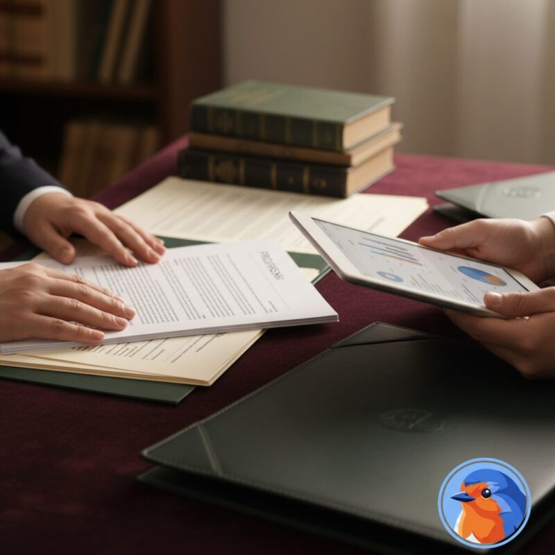 Hands reviewing a printed grant proposal and digital tablet in a sophisticated office