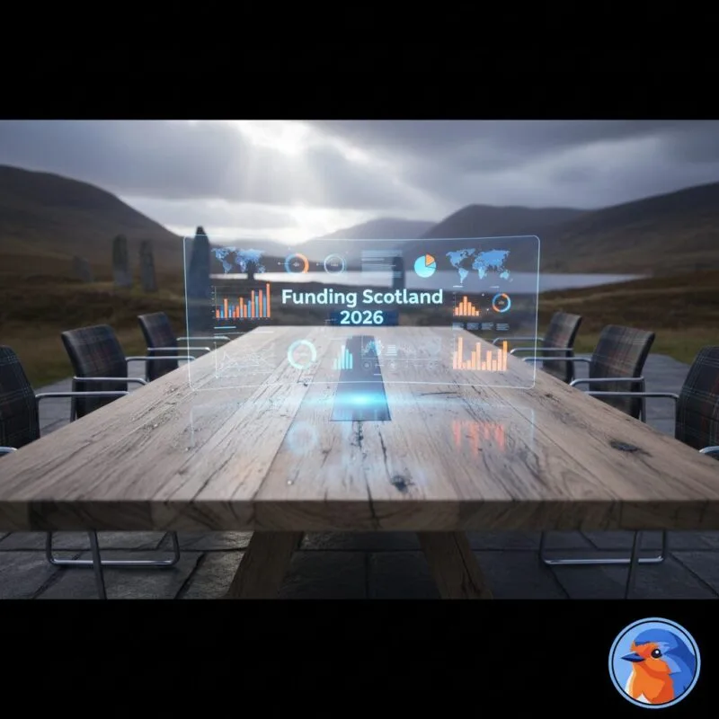 Holographic data charts above a conference table representing Scottish charity funding