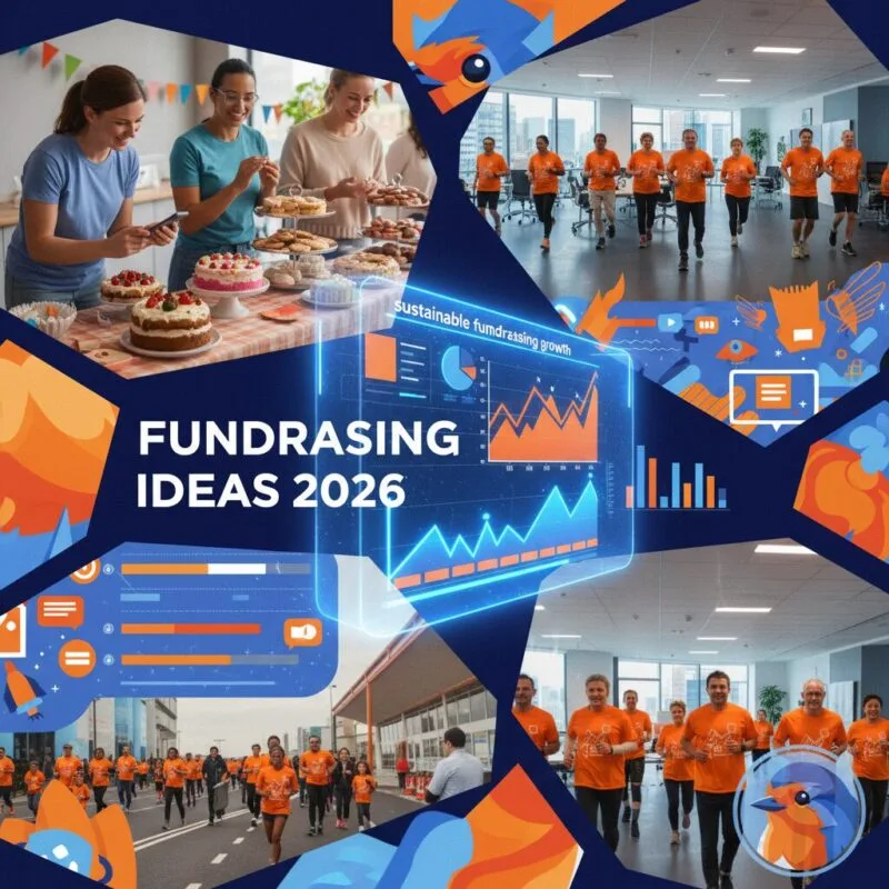 Holographic data interface displaying Fundraising Ideas 2026 in a modern corporate setting