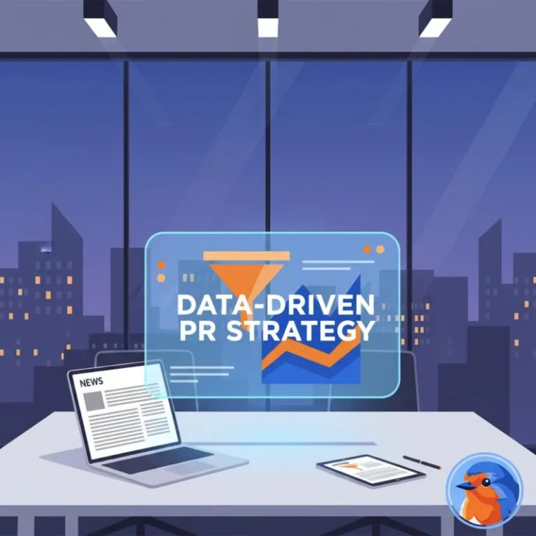 Holographic data interface displaying PR strategy and metrics in a modern corporate boardroom