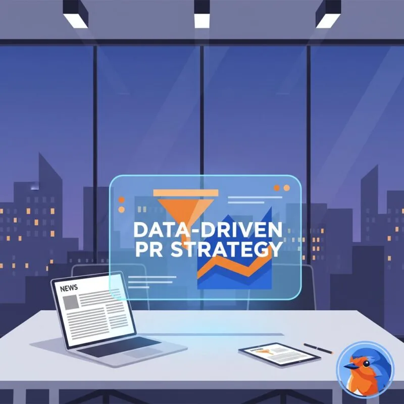Holographic data interface displaying PR strategy and metrics in a modern corporate boardroom