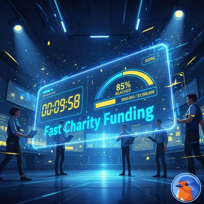 Holographic display showing Fast Charity Funding with a countdown clock and donation goal meter