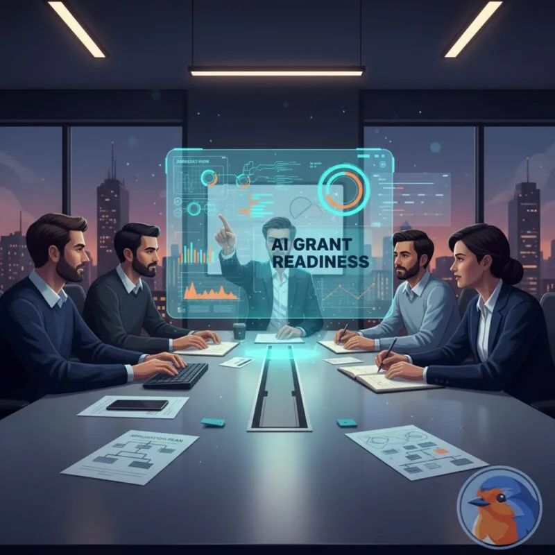 Holographic financial charts projecting above a modern conference table with the text AI Grant Readiness
