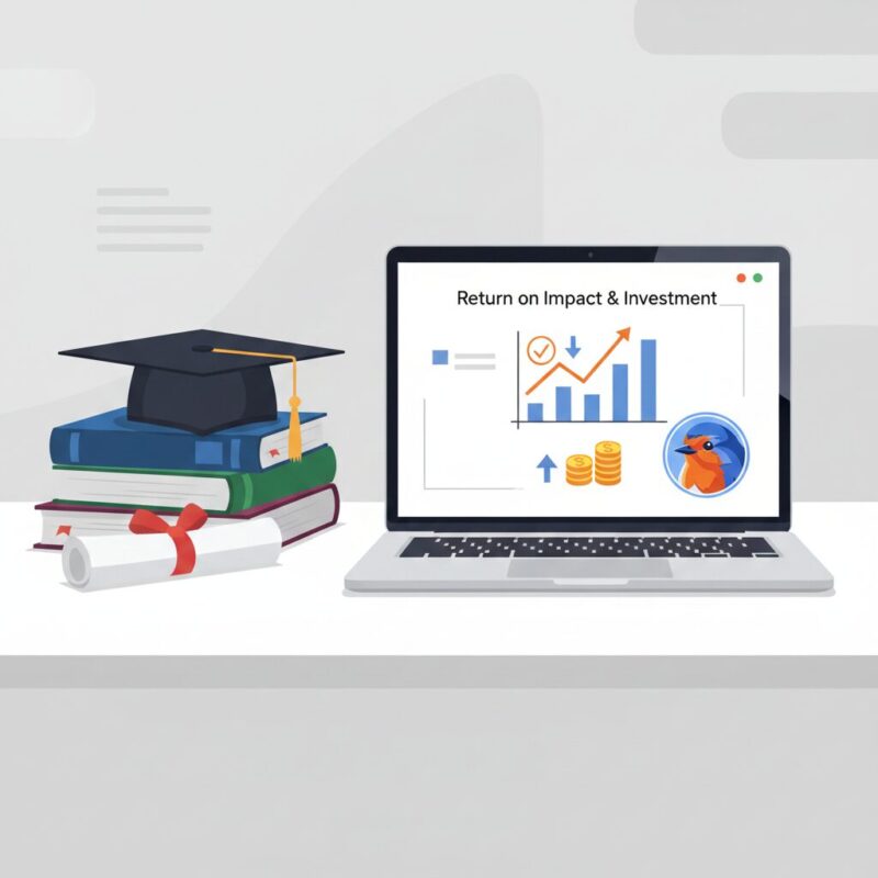 Illustration of a desk with a laptop displaying growth charts representing high ROI