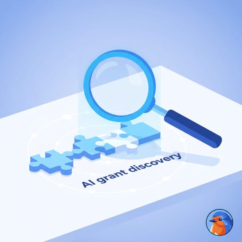 Illustration of a glowing magnifying glass connecting puzzle pieces to symbolize AI grant matching