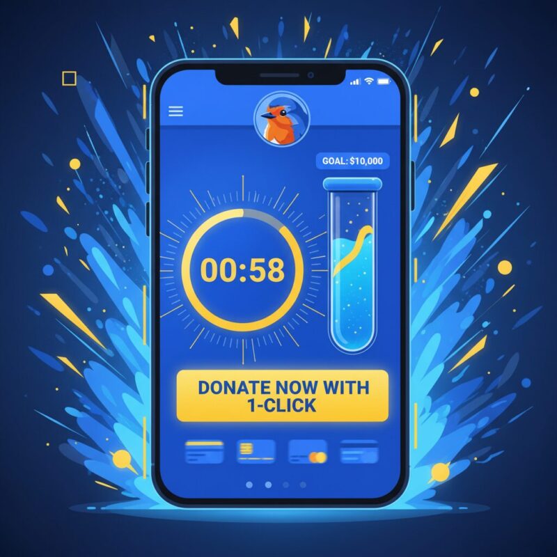 Illustration of a mobile phone displaying a one-click charity donation checkout with a filling goal meter
