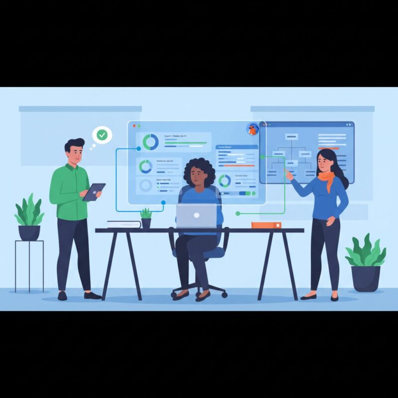 Illustration of a project manager using a smart dashboard to track grant deadlines