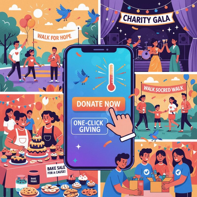 Illustration of a smartphone showing a seamless charity donation interface surrounded by fundraising events.