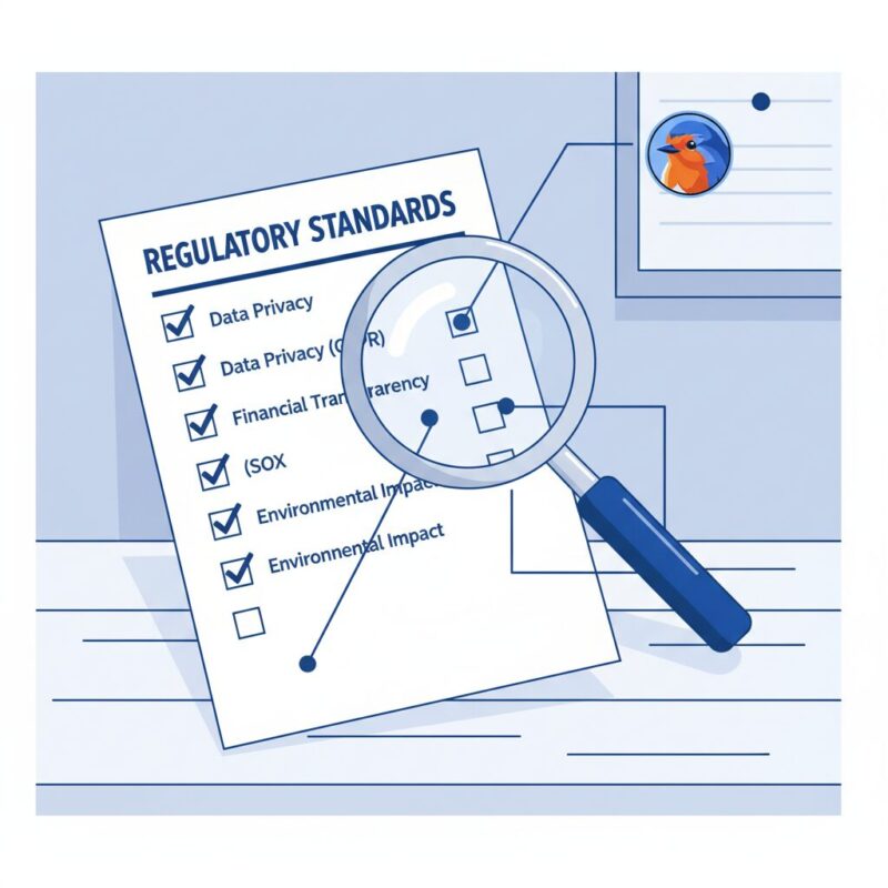 Illustration of a UK charity compliance checklist and magnifying glass on a desk