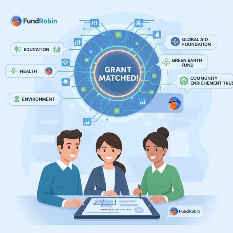 Illustration of AI algorithms matching nonprofit impact data with funder requirements