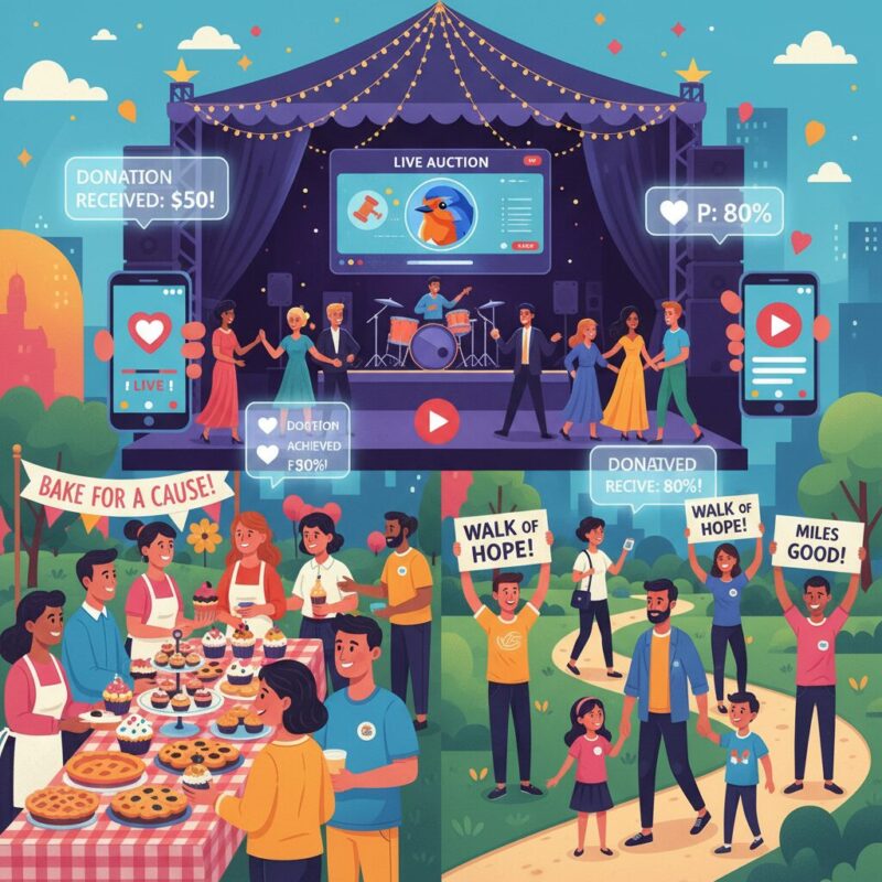 Illustration of hybrid charity events including a bake sale, sponsored walk, and digital mobile giving.