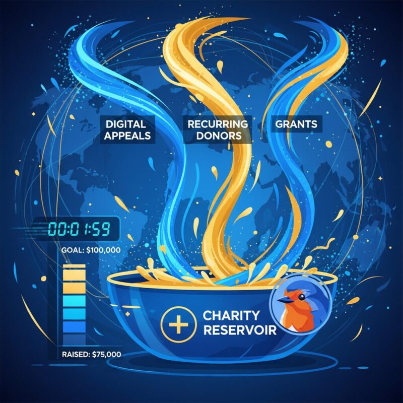 Illustration of three distinct funding streams flowing into a central non-profit revenue pool
