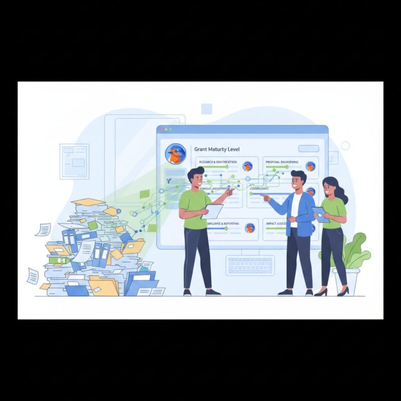 Illustration showing a nonprofit team moving from manual grant management to a digital maturity dashboard