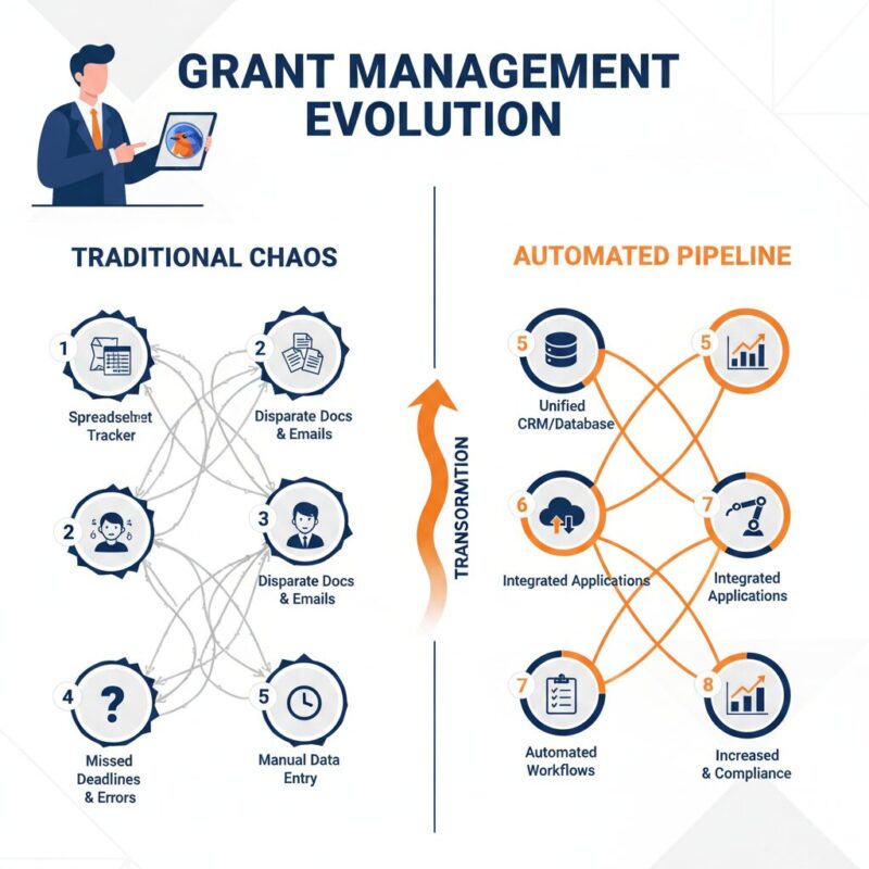 Infographic comparing traditional grant writing tool stacks with modern AI-assisted workflows