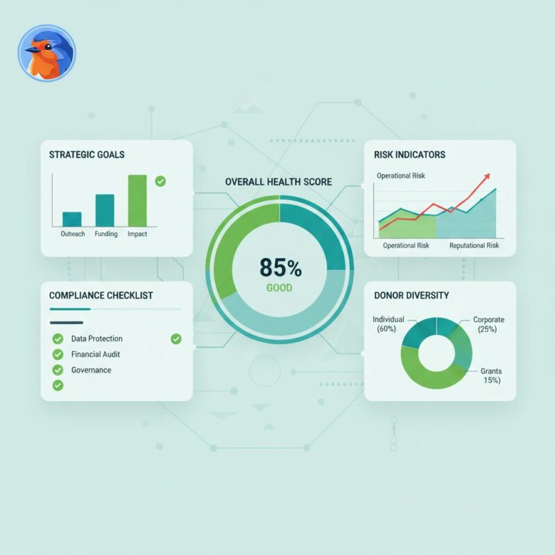 Infographic dashboard displaying a charity health score and compliance metrics