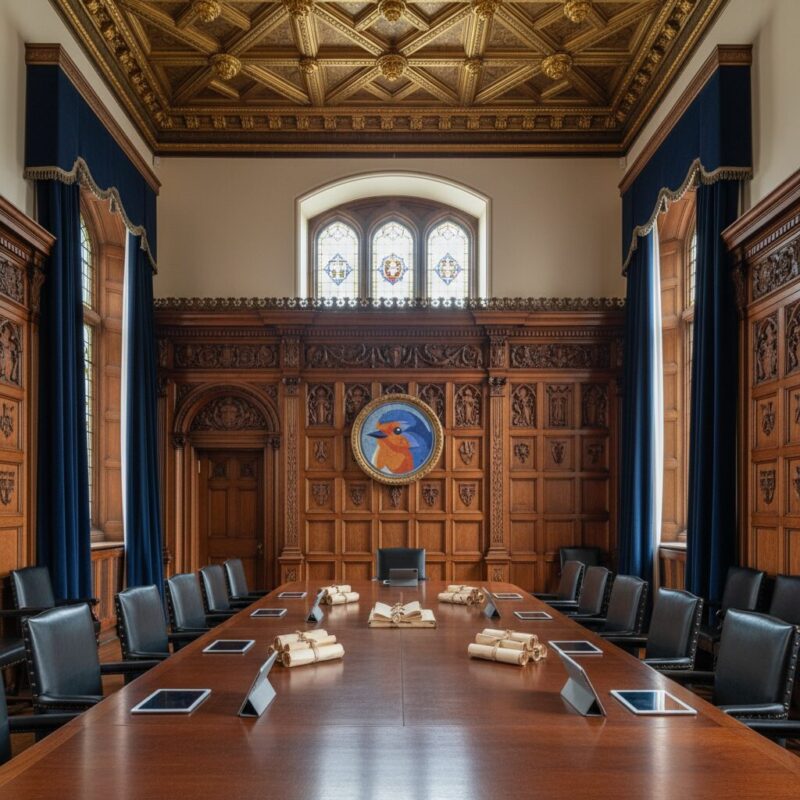 Interior of a historic London livery hall featuring a mahogany boardroom table