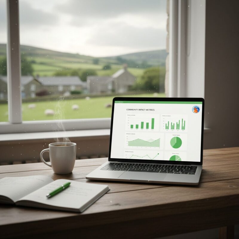 Laptop displaying an impact reporting dashboard for a Welsh community project