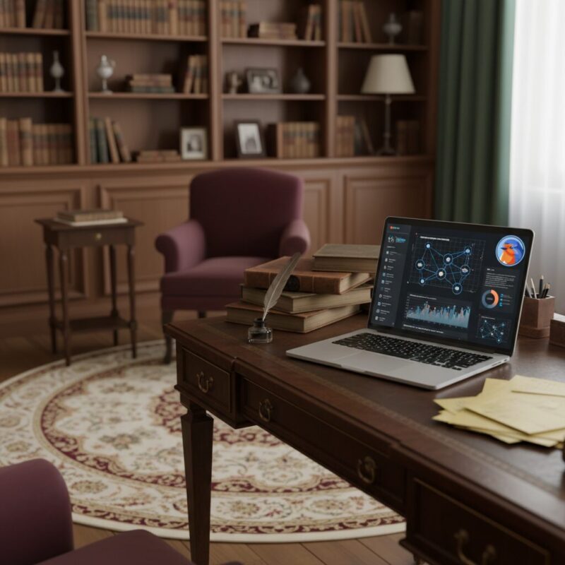 Laptop displaying data analytics on an antique desk in a traditional office