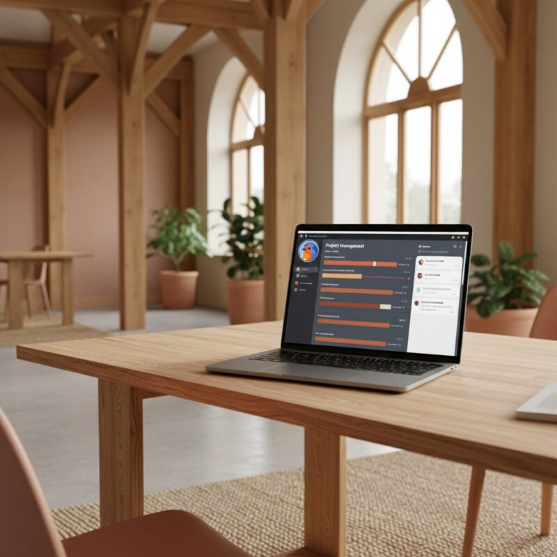 Laptop displaying FundRobin AI grant management dashboard in a modern community center