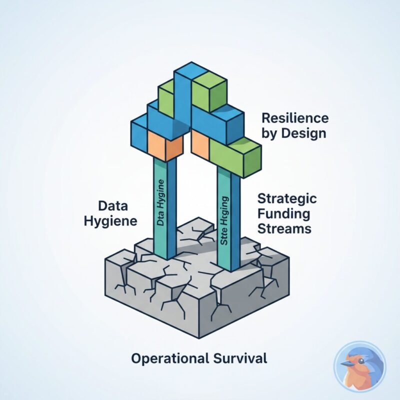 Layered diagram showing the transition from operational survival to resilience by design in nonprofits