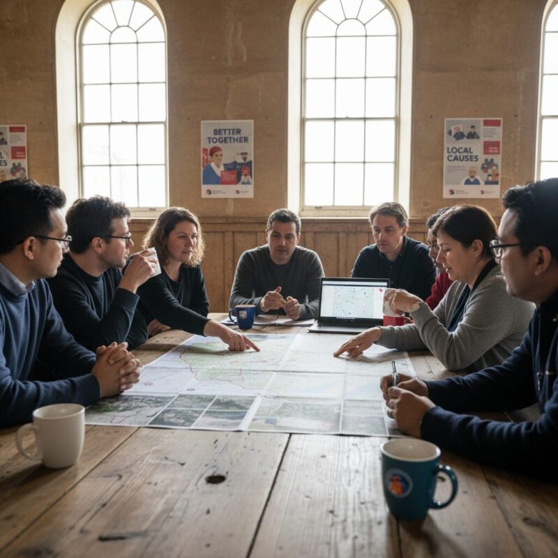 Local charity steering committee reviewing regional funding maps in a community hall