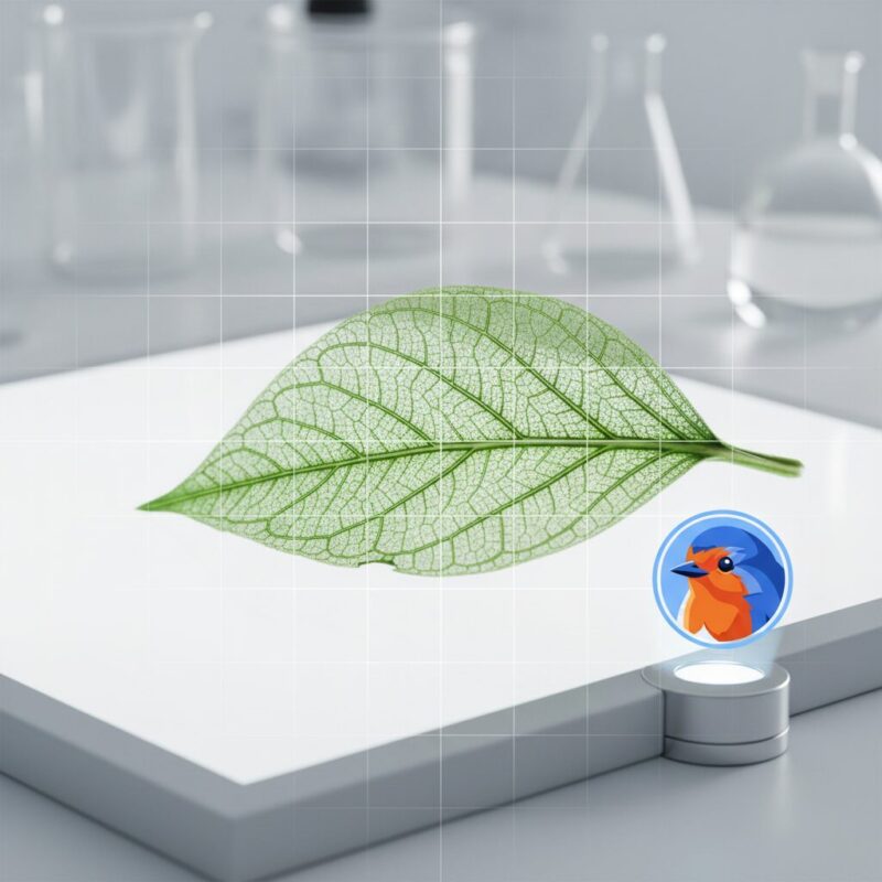 Macro photo of plant leaf veins on a white illuminated lab surface