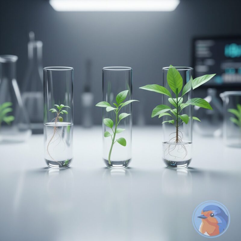 Macro photography of three plants in glass test tubes at different growth stages in a clean lab