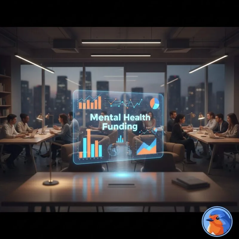 Mental Health Funding cover image featuring holographic data charts in a modern nonprofit office