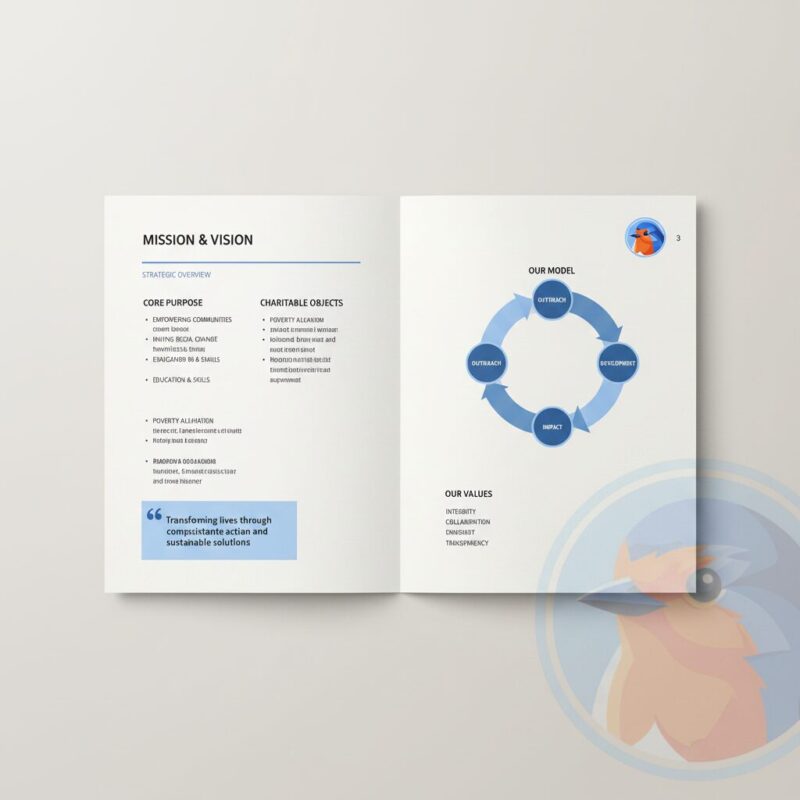 Mockup of a charity business plan page detailing Mission, Vision, and Values