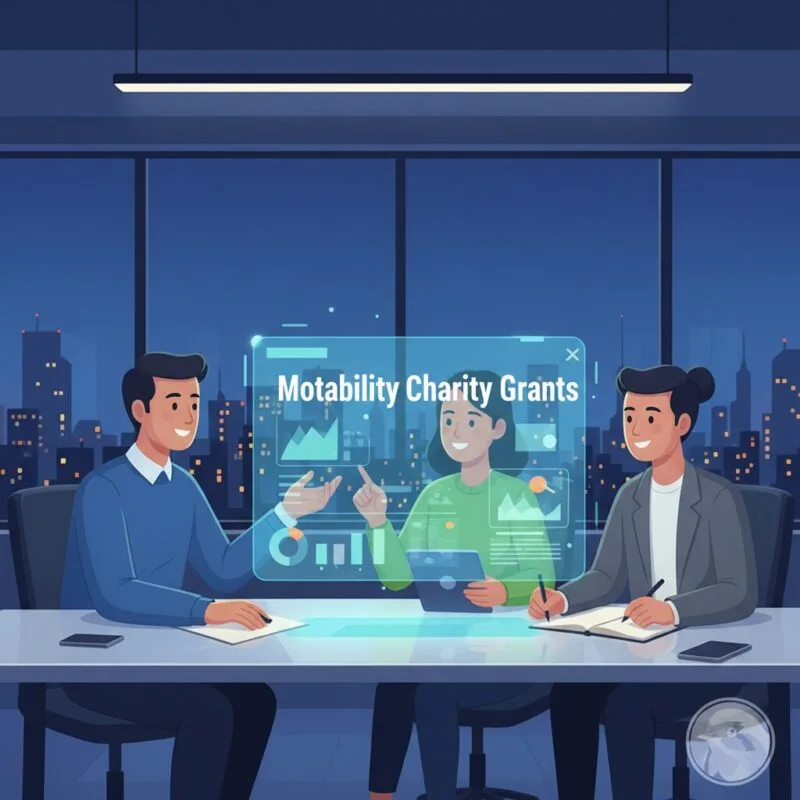 Motability Charity Grants holographic data interface over modern office workspace
