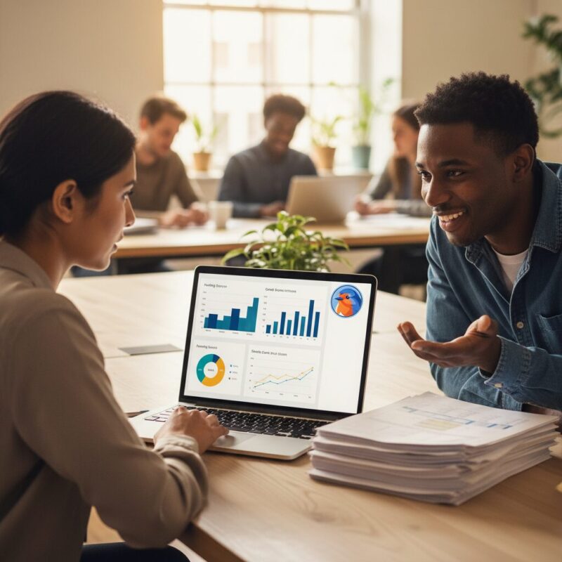Nonprofit development director using AI grant discovery software on a laptop