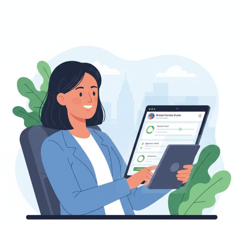 Nonprofit executive reviewing an automated grant dashboard showing hours saved