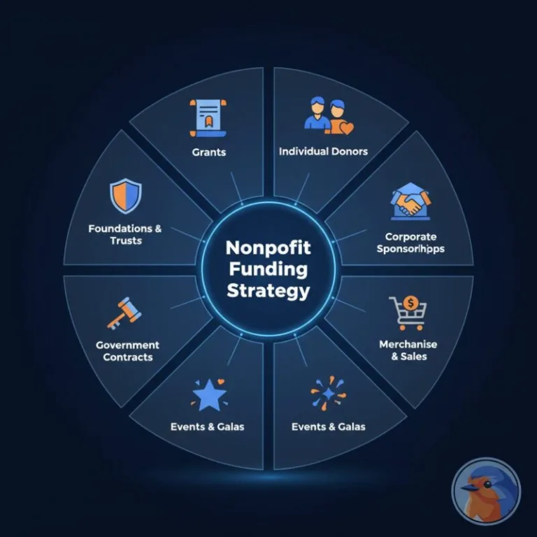 Nonprofit Funding Strategy featured image with holographic revenue wheel in a corporate boardroom