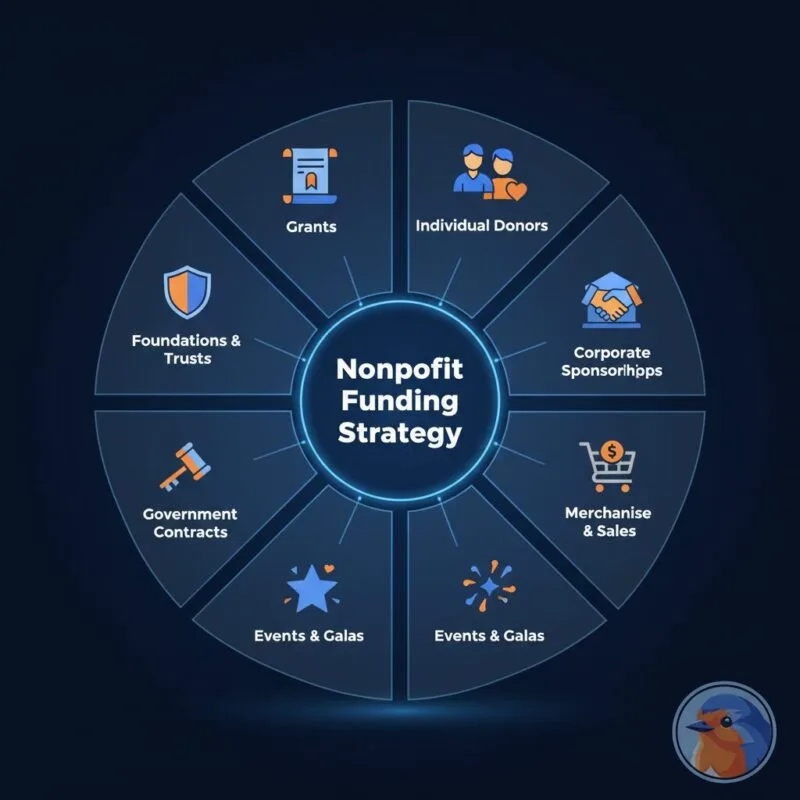 Nonprofit Funding Strategy featured image with holographic revenue wheel in a corporate boardroom
