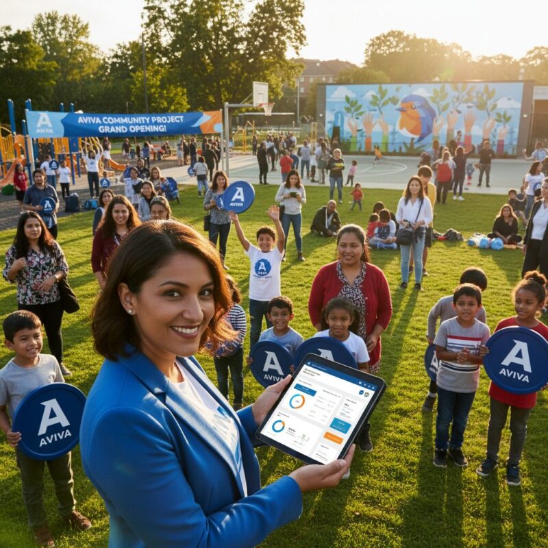 Nonprofit leader checking funding dashboard on a tablet at a community event