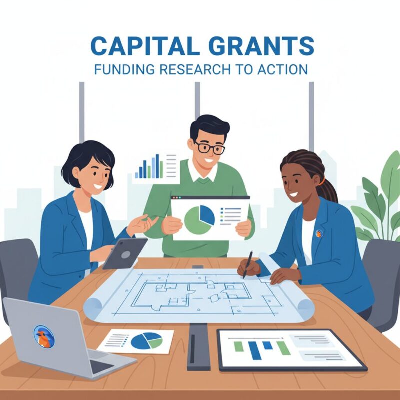Nonprofit team analyzing capital funding blueprints and financial charts