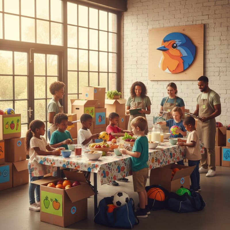 Nonprofit volunteers organizing and tracking supplies for a community youth project