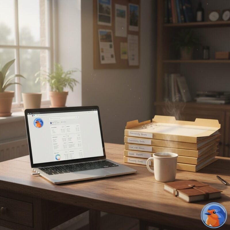 Organized desk with laptop and financial folders for grant readiness
