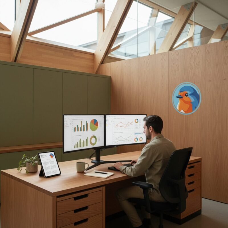 Professional analyzing compliance data on dual monitors in a modern workspace