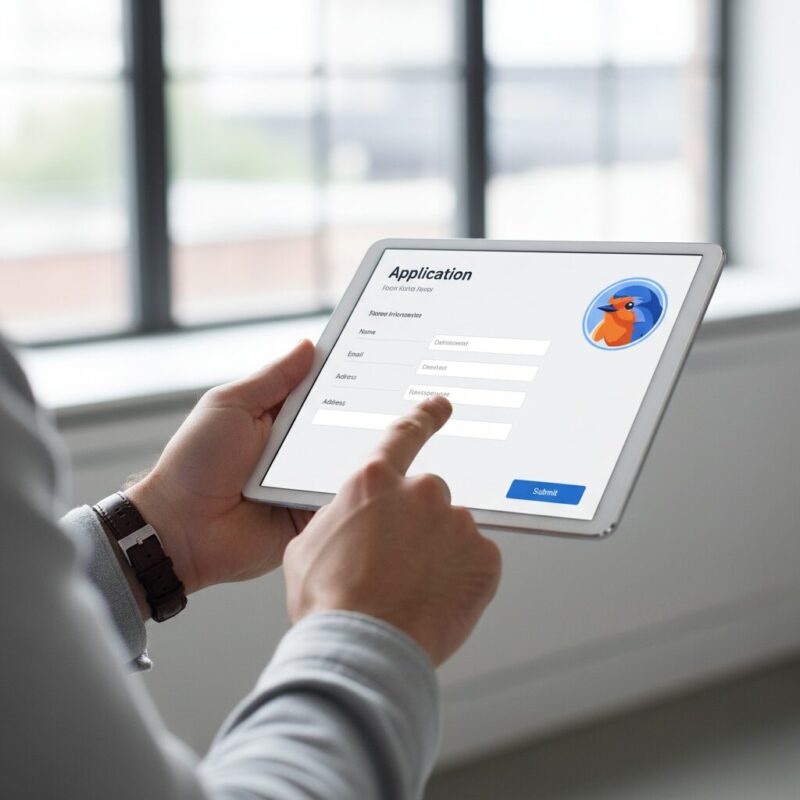 Professional completing digital grant application form on a tablet in an office